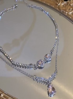 水晶爱心粉色水钻双层项链女锁骨链网红气质新娘S颈链脖子装饰配
