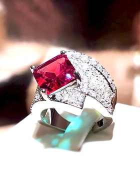 欧美轻奢设计感玫红钻p豪华镶钻红刚玉戒指女红宝石气质百搭开口