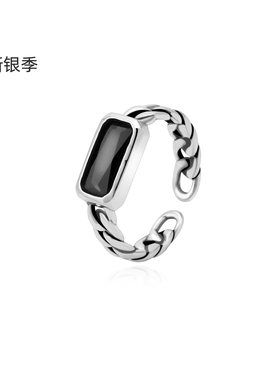 纯银黑宝石开口可调女戒