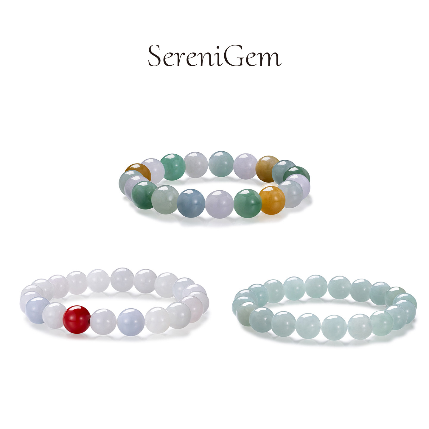 SereniGem谧彩境 缅甸天然A货冰种翡翠三宝圆珠晴底圆珠朱砂款
