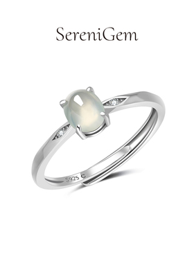 SereniGem谧彩境 缅甸天然A货翡翠冰种925银镶嵌白冰蛋面戒指