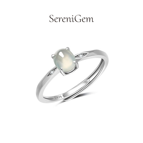 SereniGem谧彩境 缅甸天然A货翡翠冰种925银镶嵌白冰蛋面戒指