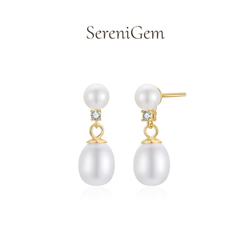 SereniGem谧彩境 S925银轻奢饰品水滴形金款多颗天然淡水珍珠耳钉