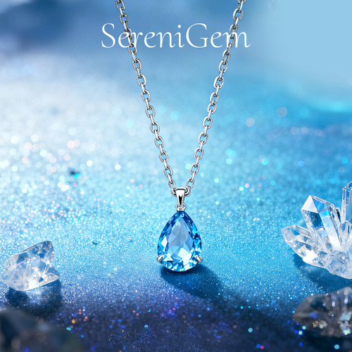 SereniGem谧彩境 S925银镀金天空蓝托帕项链水滴项链金色银色链款
