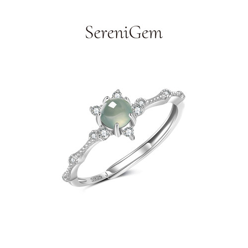 SereniGem谧彩境 缅甸天然A货翡翠冰种925银镶嵌晴绿蛋面戒指