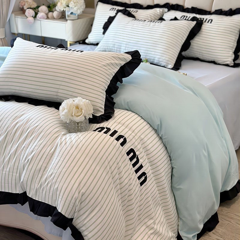 法式小香风水洗棉四件套花边款床单被套少女心公主风条纹绣花床品