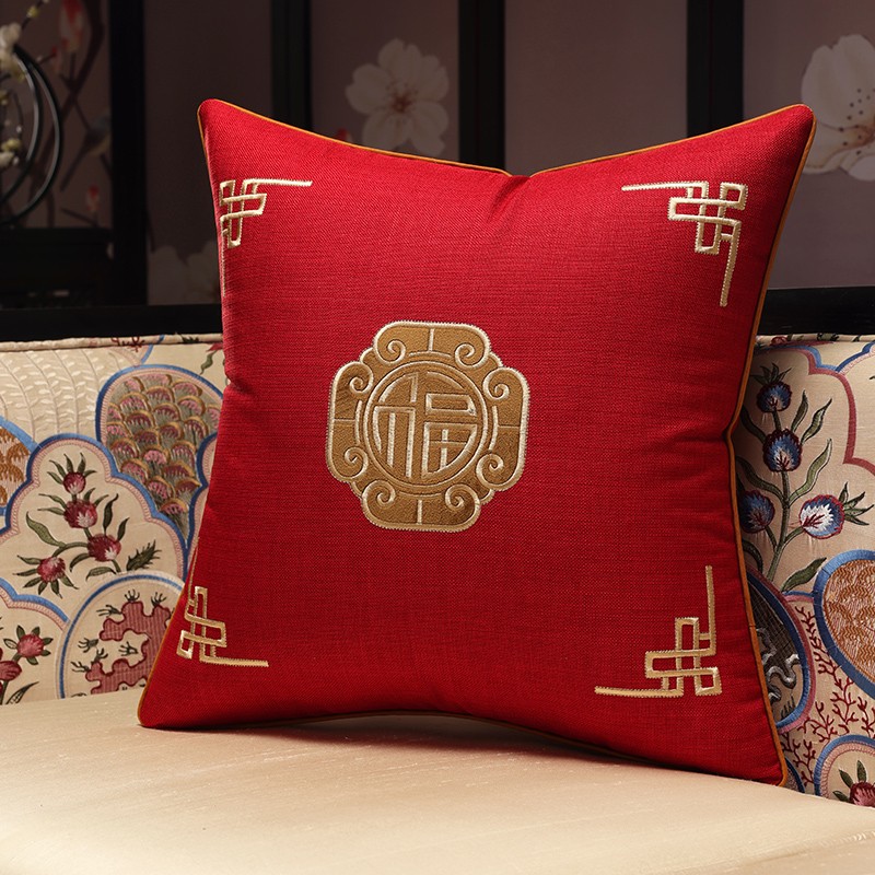 中国风抱枕红木沙发客厅靠u垫实木家具椅子靠枕中式亚麻刺绣抱枕
