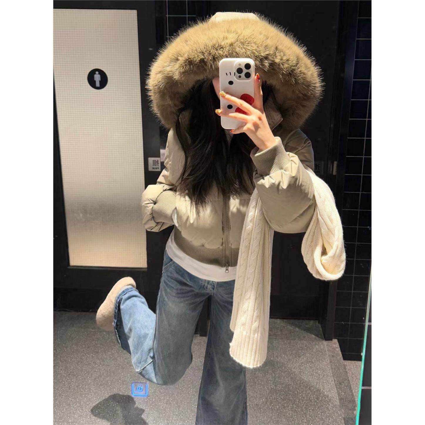 设计感连帽羽绒棉服女冬季大毛领收腰加厚保暖棉衣短款面包服外套