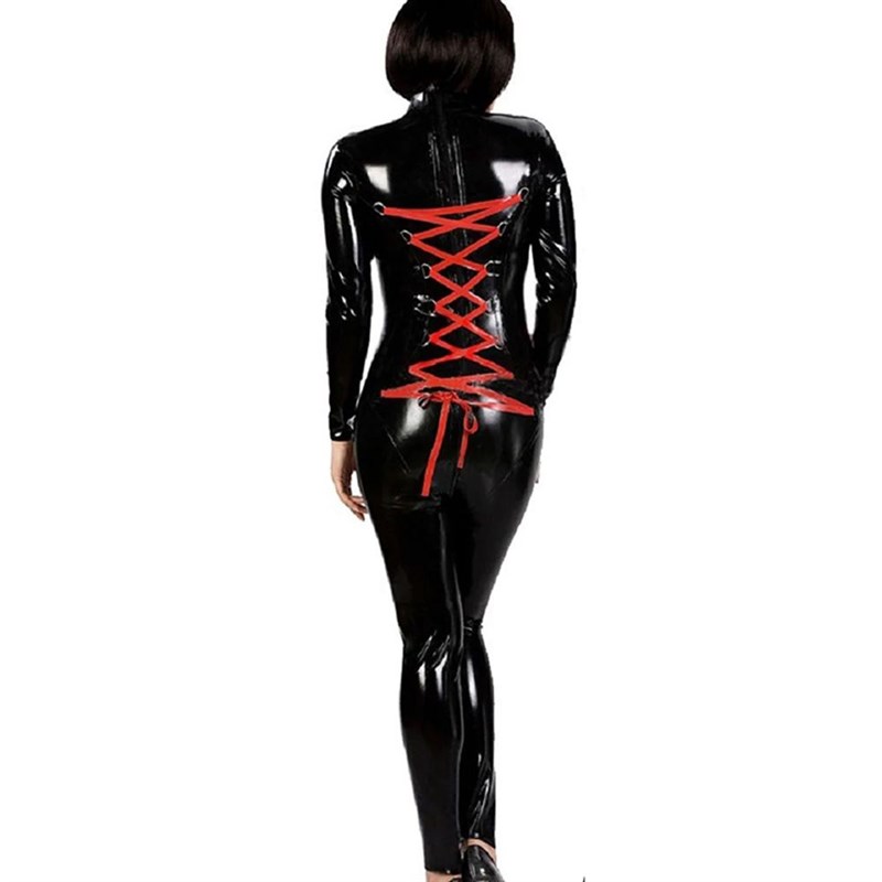 Womens Red Lace Up Vinyl Leather Bodysuit Sexy Catsuit Latex