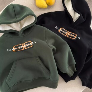 2025冬季男童新款加绒卫衣男宝加厚帽衫儿童套头上衣连帽长袖上衣