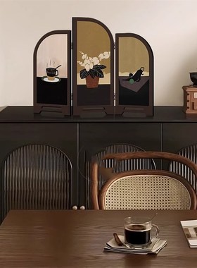 中古风桌面摆件小屏风茶室家居电视边柜高级感玄关装饰画复古摆画