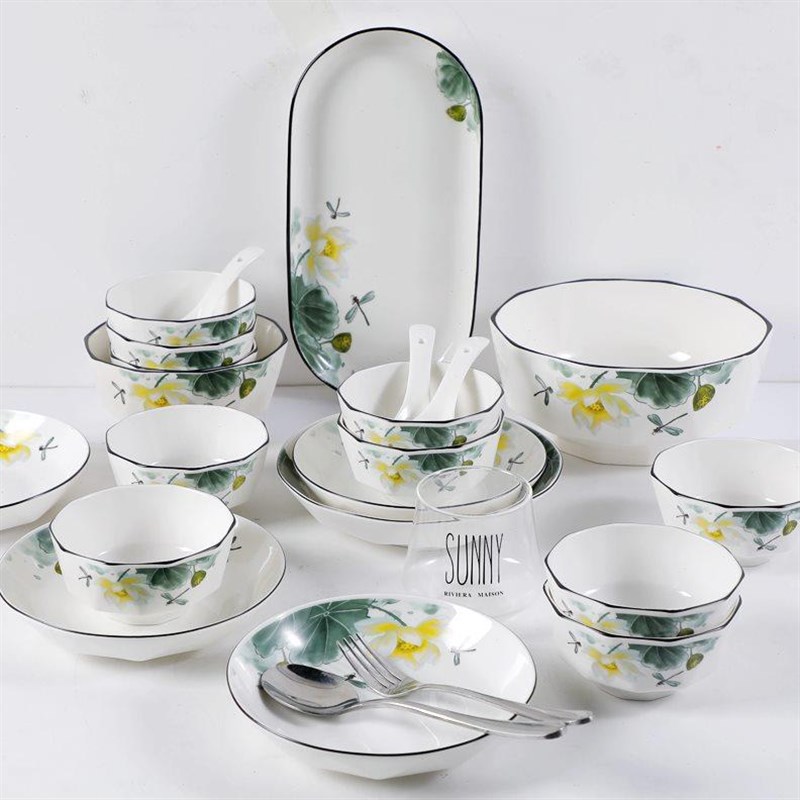 碗碟套装家用陶瓷米饭碗盘子菜盘创意个性荷花汤碗10人食餐具套装