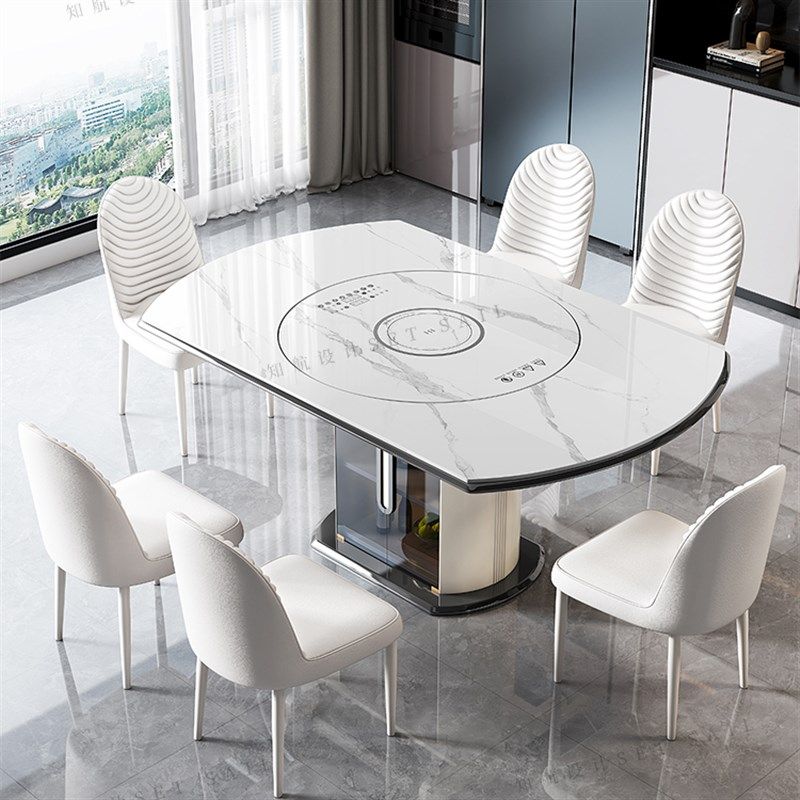 轻奢岩板餐桌电磁炉智能暖菜板电动转盘饭桌家用可伸缩折叠圆桌