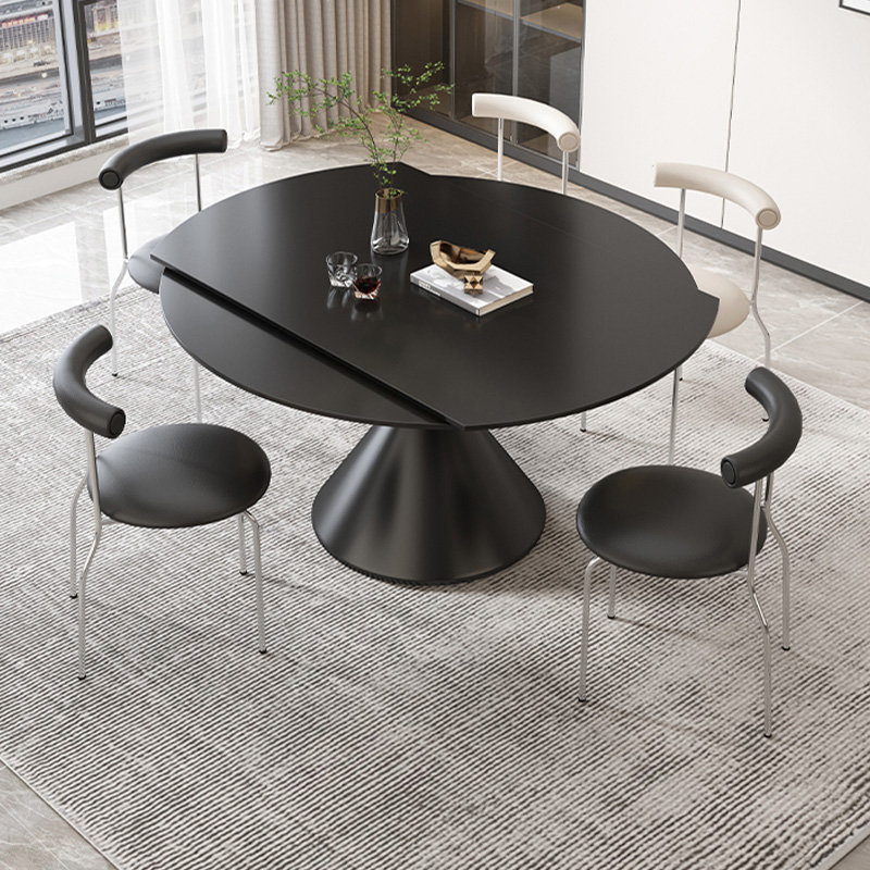 欧朗黑色岩板圆餐桌椅组合家用现代简约小户型圆形带转盘吃饭桌子
