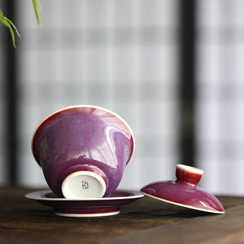 窑变钧瓷手工锔钉盖碗钧窑三才盖碗单个陶瓷功夫泡茶杯敬茶杯茶碗