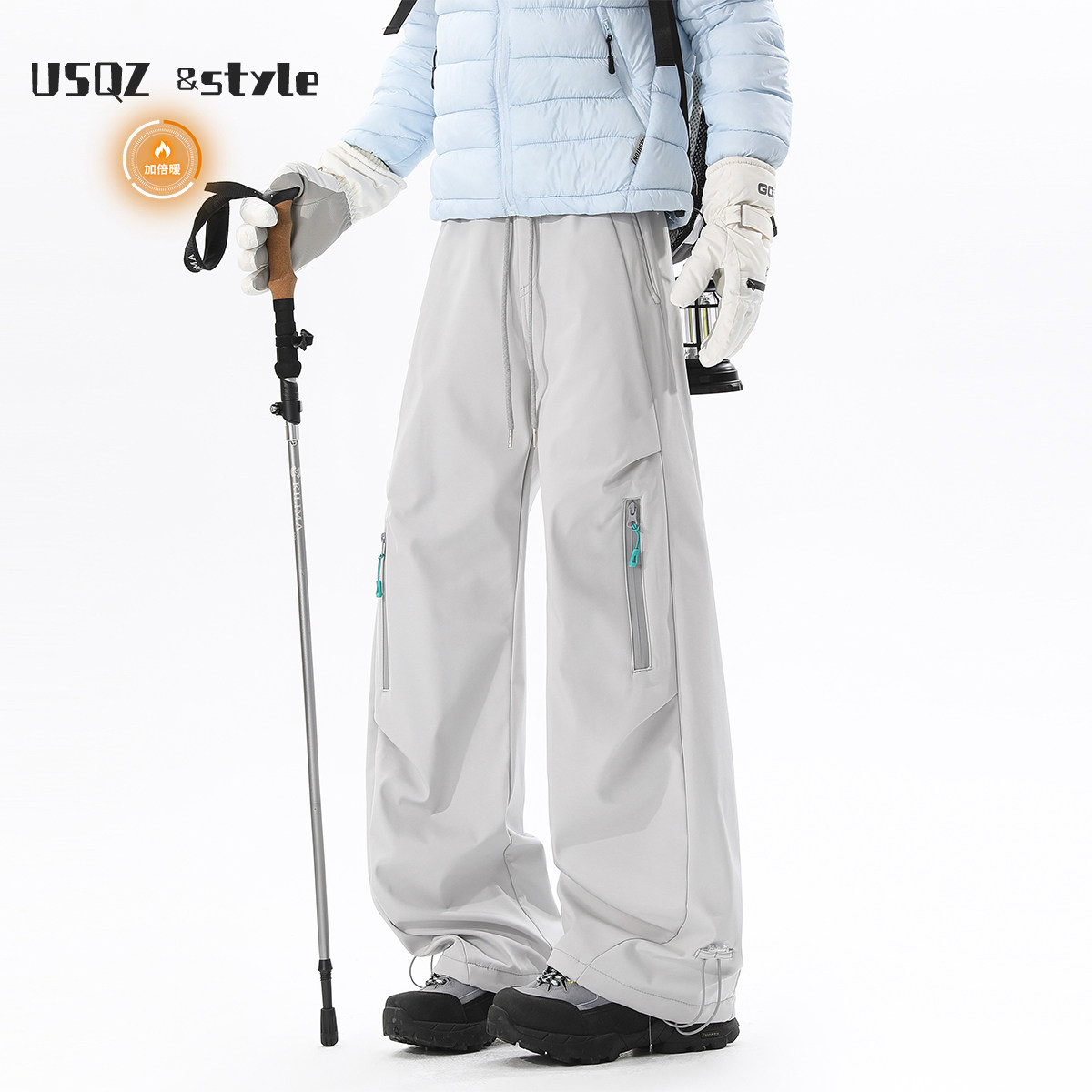 户外登山软壳冲锋裤女男秋季山系宽松直筒裤子设计感拉链防风长裤