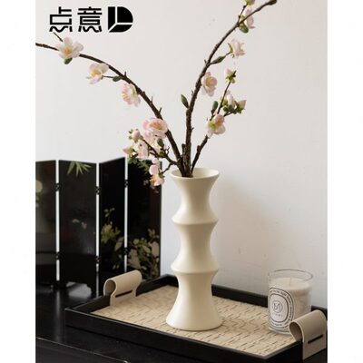 竹筒花瓶高级感陶瓷圆柱形窄口竹节台面书房水养插花干花干枝装饰