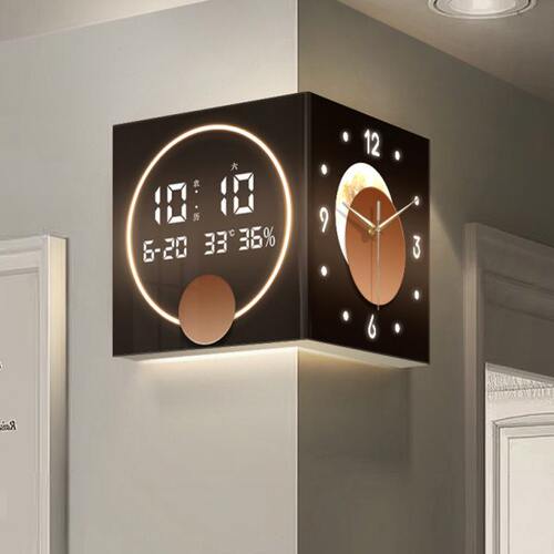 客厅双面挂钟创意壁灯拐角数显电子屏转角时钟挂墙免打孔发光钟表