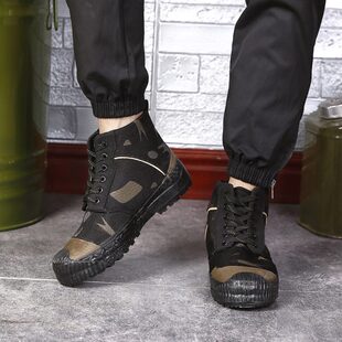 强步1137军训高帮迷彩鞋 越野鞋 耐磨工人防臭劳保胶鞋 男帆布训练鞋