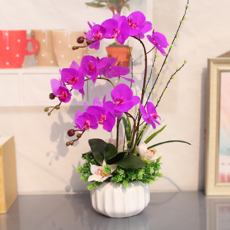 pu手感彷真花蝴蝶兰套装客厅过胶假花摆件花艺装饰品室内兰花盆栽