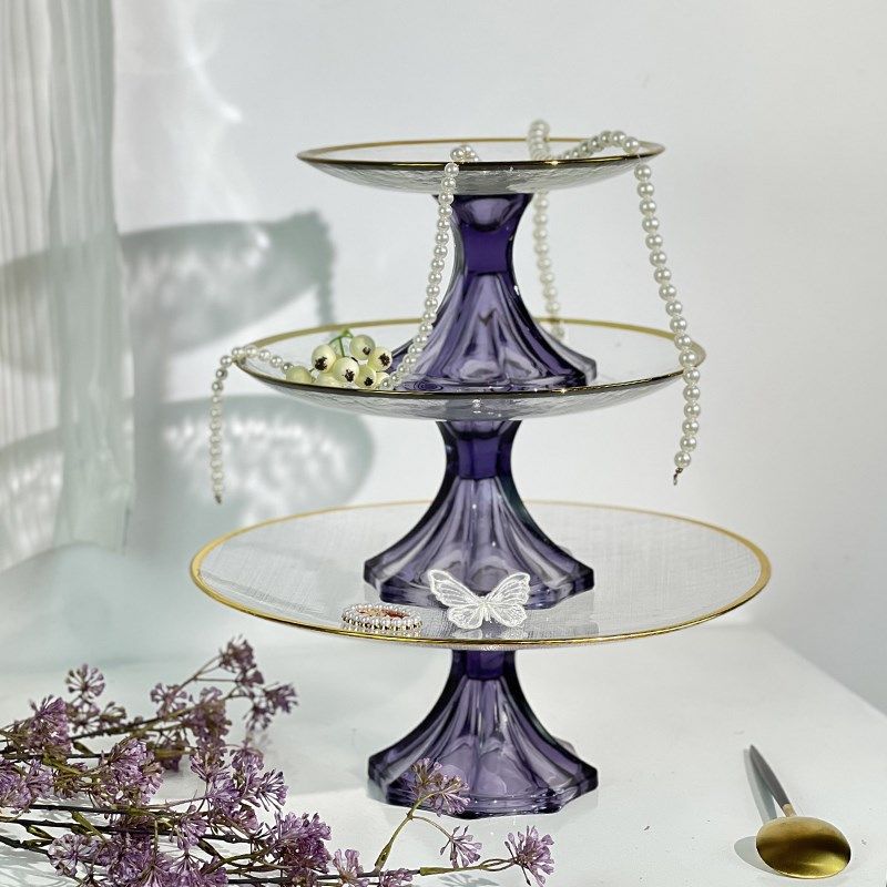 婚庆蛋糕托盘紫色金边高脚菱格高脚托盘宴会聚餐装饰拍照道具