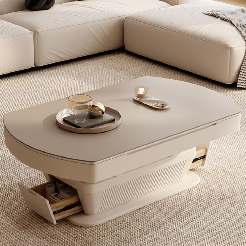 智能创意多功能电动升降茶几简约现代客厅轻奢岩板茶几餐桌两用圆