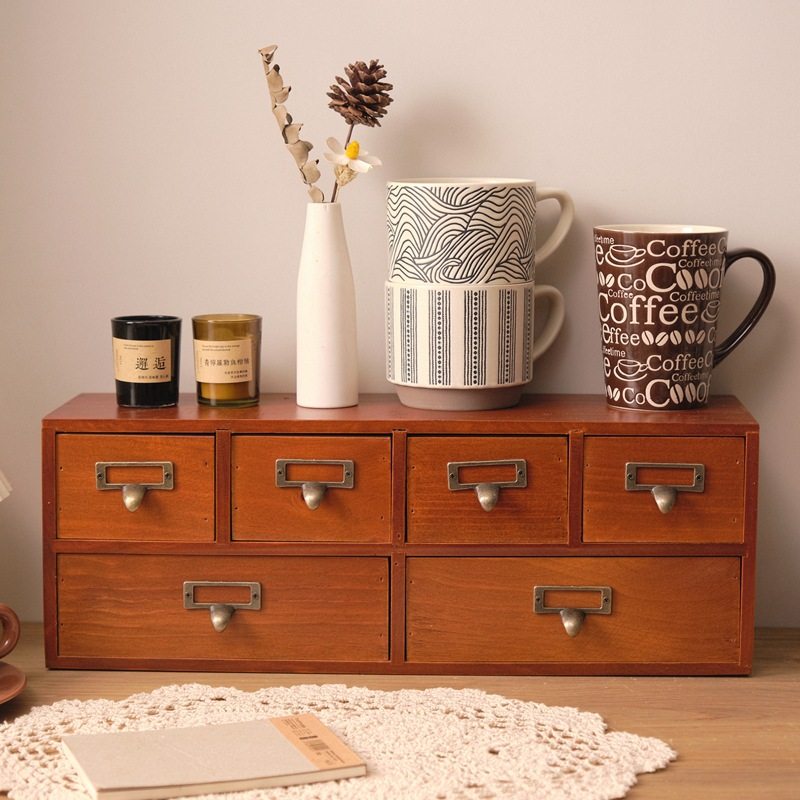 木质桌面置物架抽屉式杂物文具整理柜 复古简约书桌办公室收纳柜