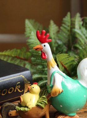 儿童房装饰田园鸡妈妈推小鸡树脂卡哇伊礼物阳台装饰店铺橱窗摆件