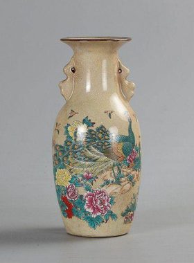 仿古瓷仿居仁堂制粉彩孔雀富贵吉祥花瓶做旧瓷器摆件仿古古玩收藏