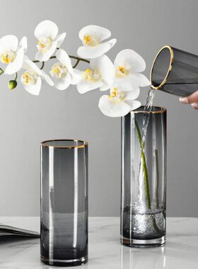 现代简约风灰色描金直筒玻璃花瓶客厅插花软装饰摆件水培花器