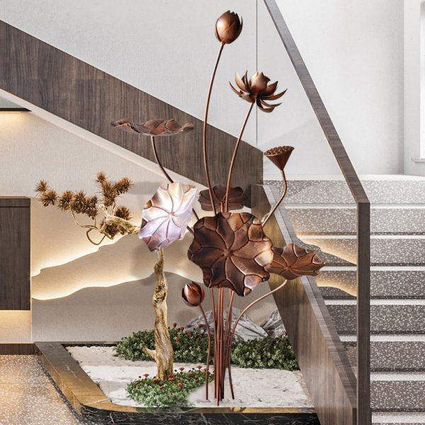 金属铁艺仿铜荷叶树水池水景落地摆件装饰品楼梯转角玄关创意景观