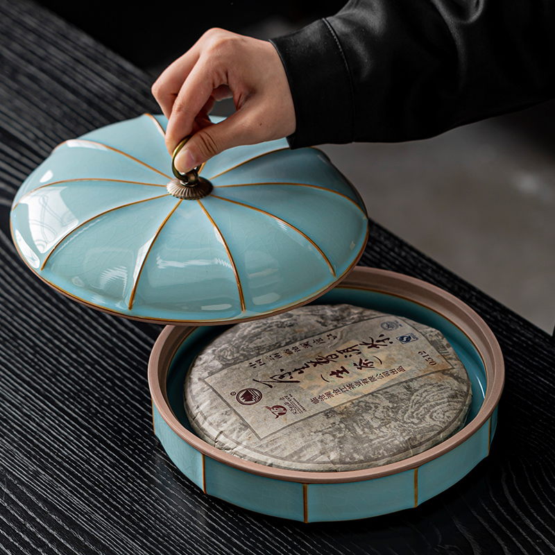 汝窑陶瓷茶叶罐防潮密封罐家用大号普洱茶盒储存罐中式茶饼收纳盒