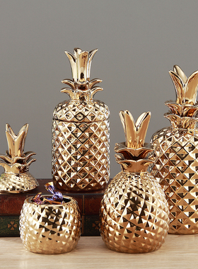 印度进口铜金色菠萝收纳罐北w欧饰品摆件创意首饰盘工艺品装饰家
