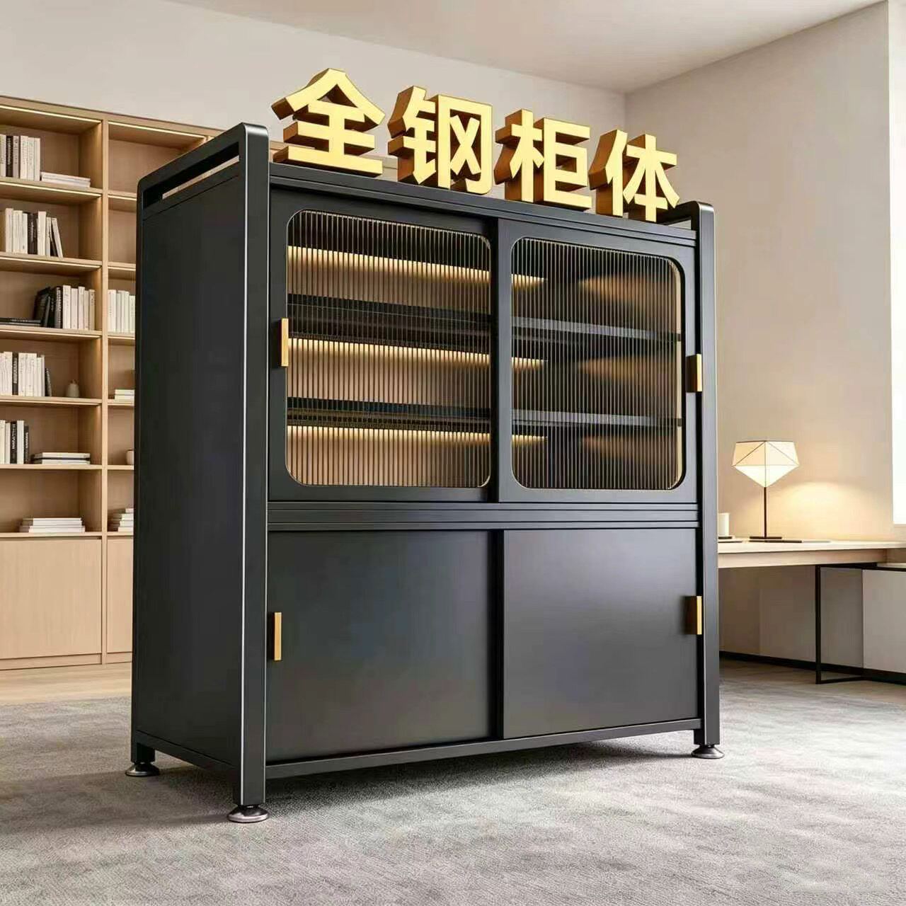 厨房置物架家用锅碗收纳柜多层落地储物餐边柜防尘推拉门橱柜碗柜