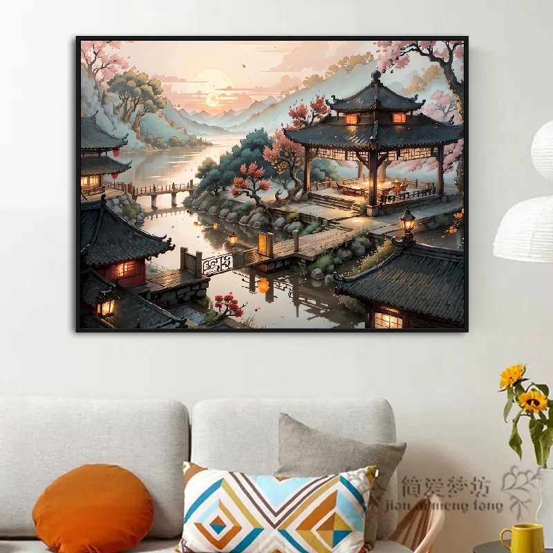 中式楼阁十字绣2023年新款刺绣客厅高端风景画卧室手工diy全线绣