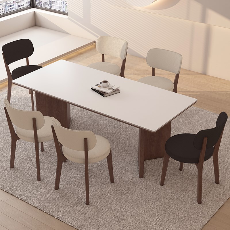 德利丰实木岩板餐桌家用小户型中古风高端胡桃色长方形全托饭桌子