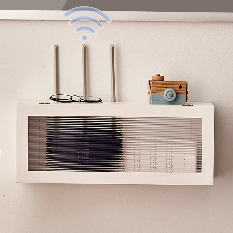 路由器收纳盒放置架wifi光猫插排插座遮挡箱实木壁挂防尘整理盒架