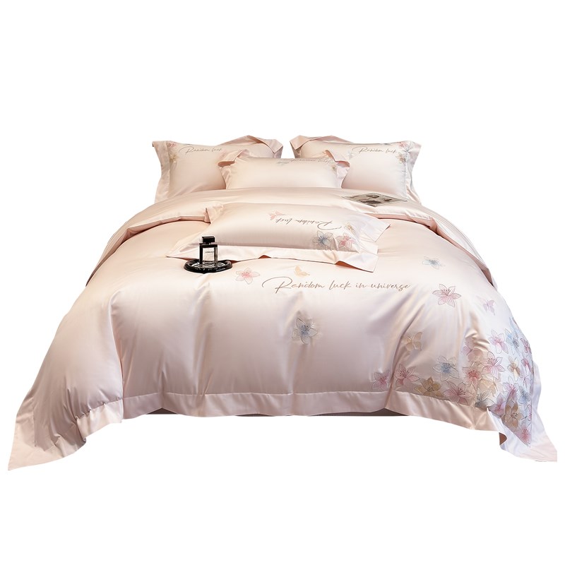 A类轻奢风200支长绒棉四件套少女心花卉刺绣被套柔软全棉床上用品