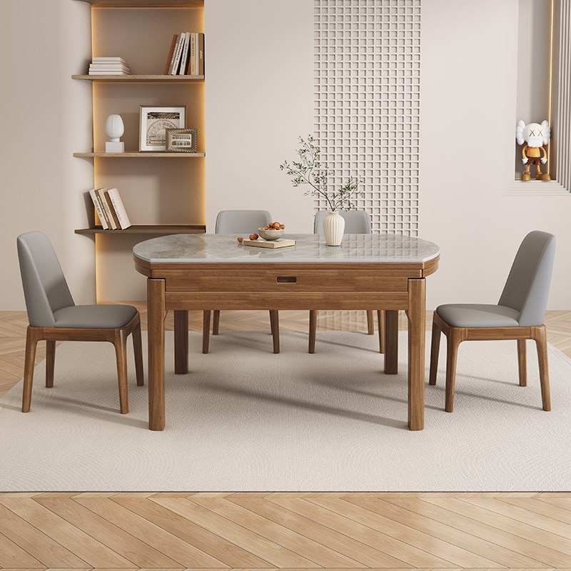 馨佰利实木岩板餐桌现代简约家用吃饭桌轻奢全实木伸缩电磁炉圆桌