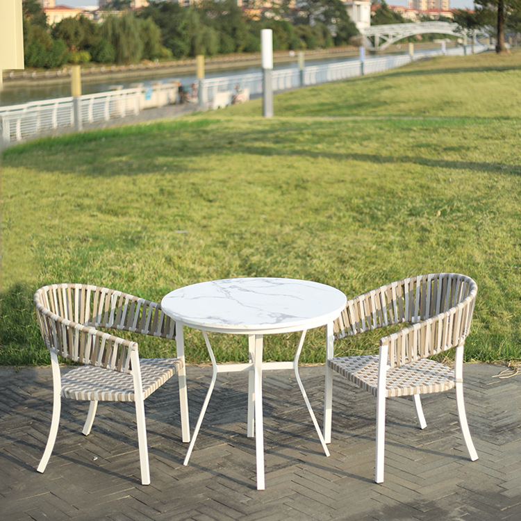 供应户外藤椅家具铝合金休闲绳编织带五件套茶几组合桌椅厂家直销