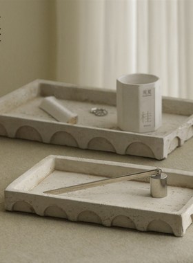 栗石侘寂风复古做旧米色仿洞石水泥托盘摆件民宿样板间收纳装饰盘