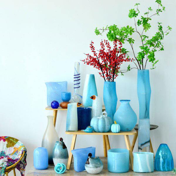 海曼尼北欧风餐桌蓝色手工透明玻璃花瓶居家客厅插花摆件装饰花器