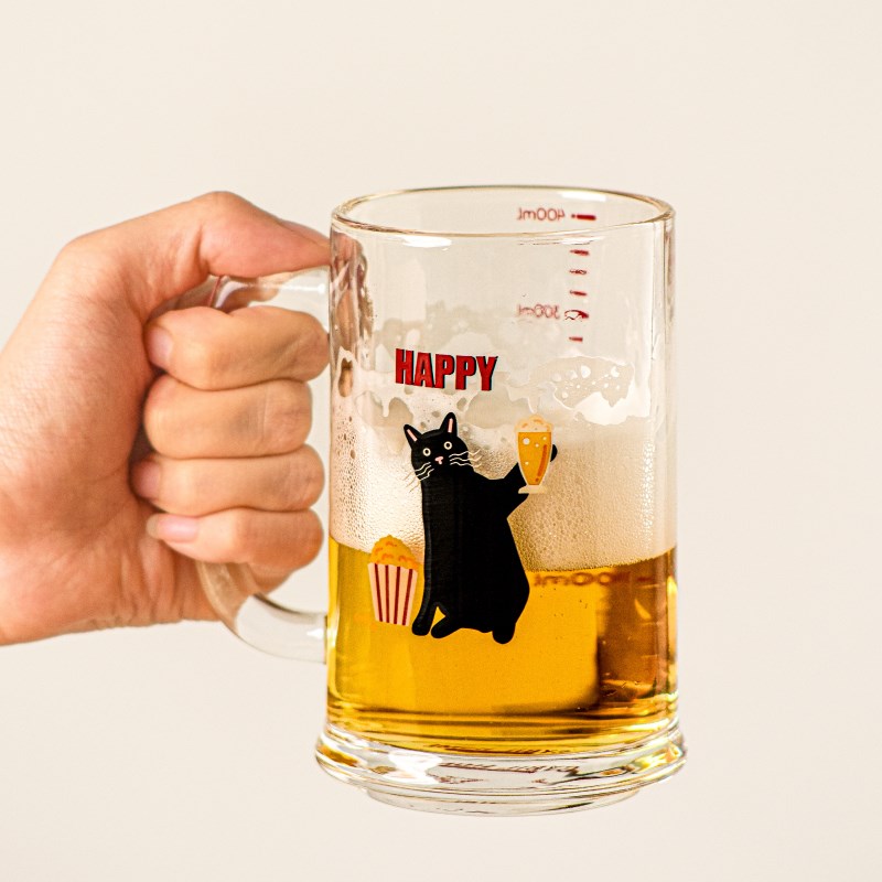 啤酒猫卡通啤酒杯带手柄加厚玻璃水杯家用果汁T杯耐用大容量杯子