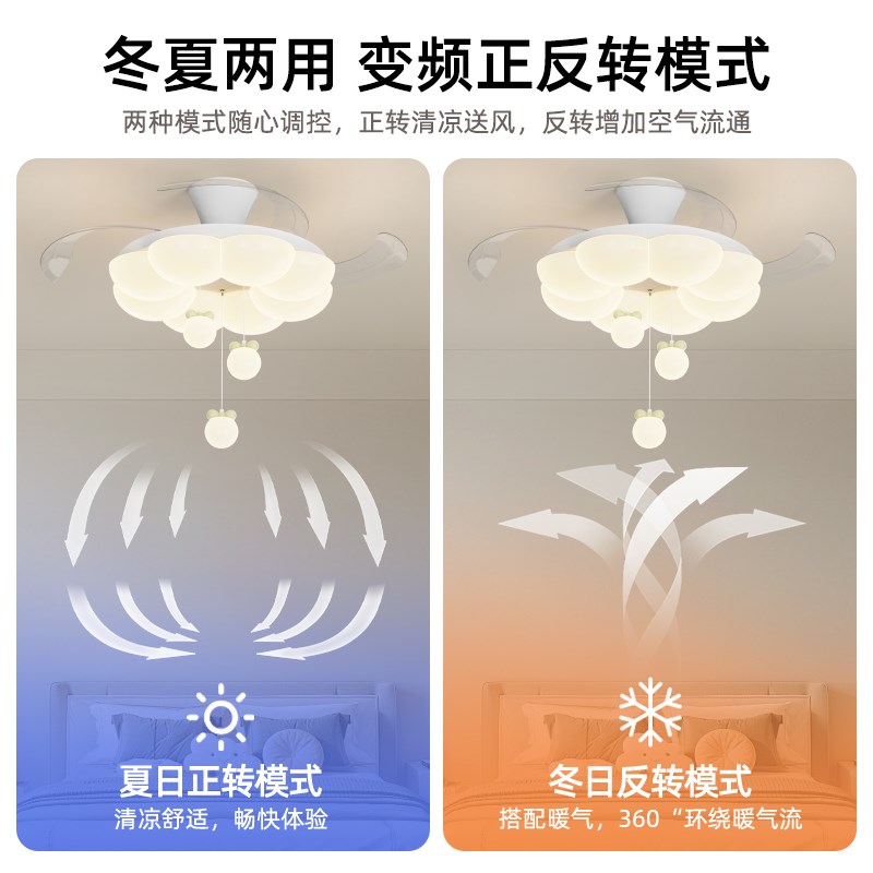 2025新款奶油风卧室隐形风扇灯现代简约儿童房吸顶一体吊扇灯具