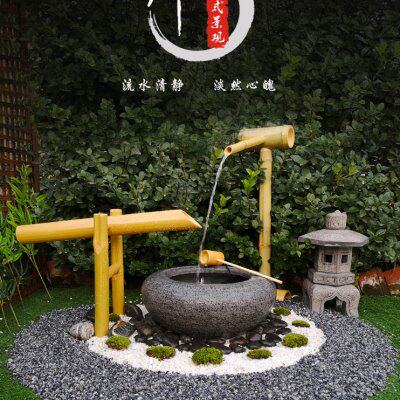 日式流水石钵庭院造景布置户外花园水景观惊鹿中国黑山石水钵摆件
