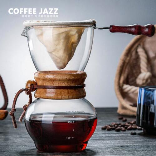 COFFEE JAZZ 手冲咖啡分享壶家用透明玻璃木片壶滴漏式法兰绒滤网