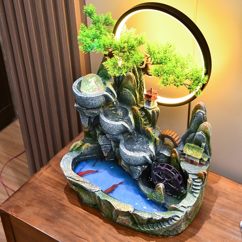 假山水景客厅加湿器桌面高山流水摆件循环水招财盆景凤水车风水轮