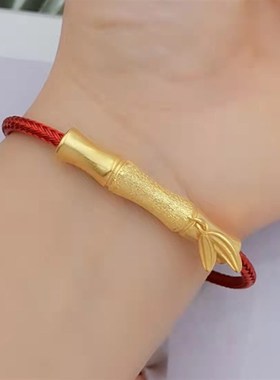 黄铜镀金哑光竹节弯管钢丝绳手链仿黄金首饰品民族风女士红绳手环