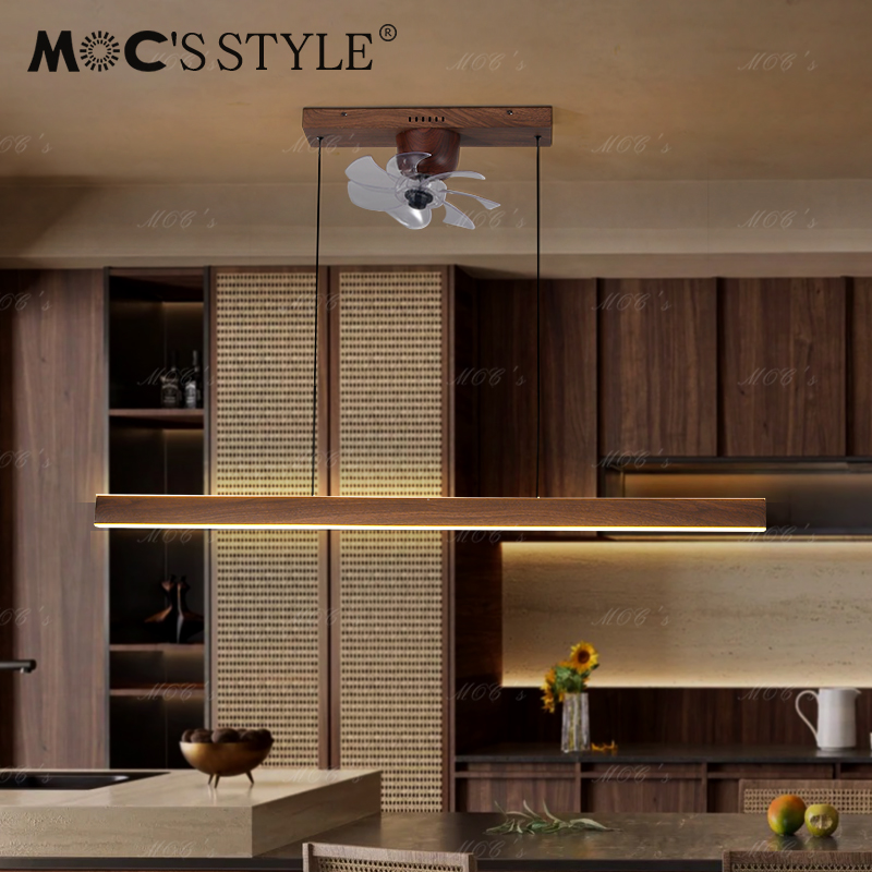 意式极简一字型餐厅带风扇吊灯米家高级感木色餐桌吧台长条风扇灯