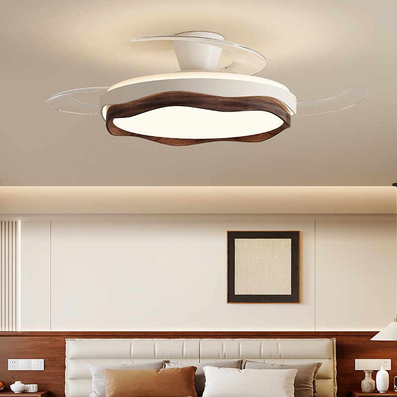 复古中古胡桃木纹风扇灯餐厅一体吊扇灯法式奶油风隐形客厅电扇灯